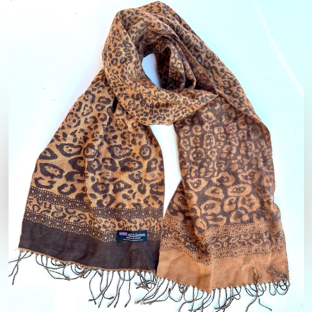 100% Scottish Cashmere Leopard Print Scarf, 12”x68”, Tan and Brown